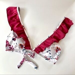 Lulus Cupshe White Floral Burgundy Ruffle Bikini Top